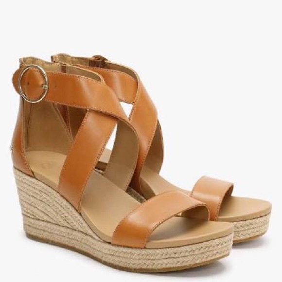 UGG Shoes - UGG Hylda Leather Wedge Platform Espadrille Sandals Cognac Size 8.5
